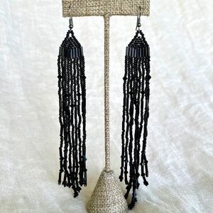 Vintage Jet Glass Beaded Shoulder Duster Earrings – 6″ Long – Sterling Hooks